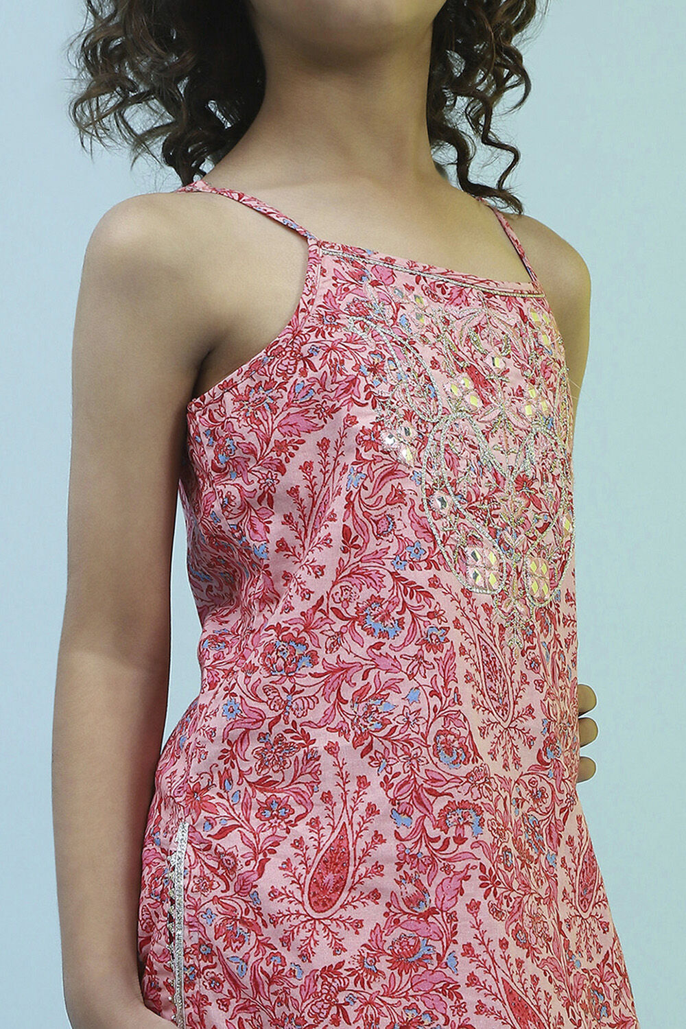 Pink Cotton Printed Strappy Suit Set image number 1