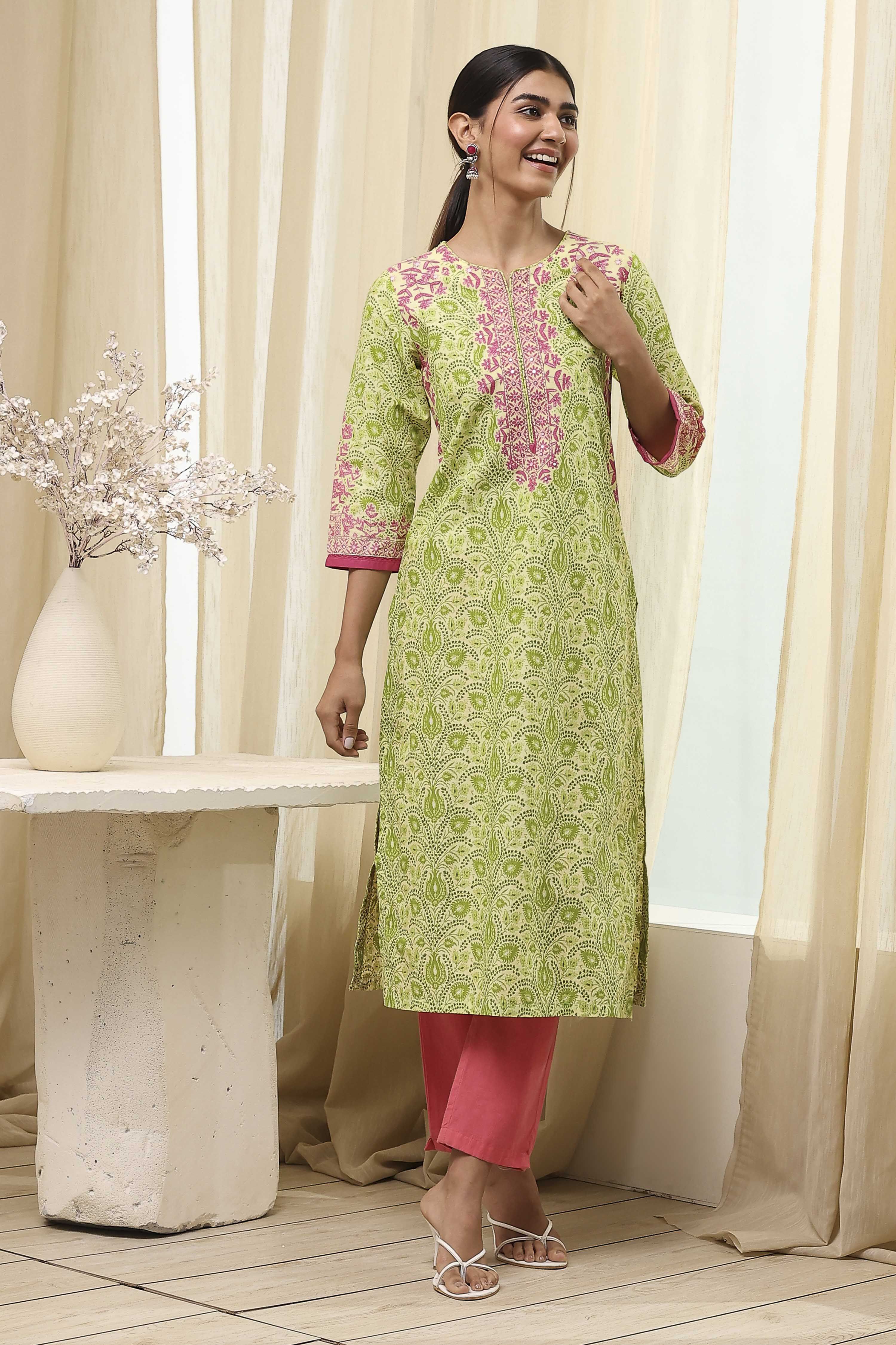 Green Cotton Printed Straight Kurta image number 0