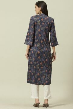 Navy Blue A Line Terry Rayon Printed  Kurti image number 4