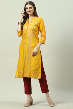 Yellow LIVA Straight Printed Kurta image number 2