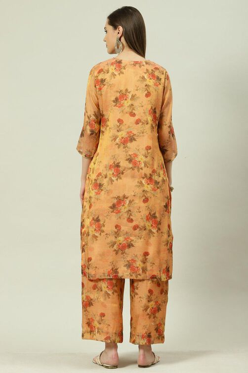 Peach Printed Straight Kurta Palazzo Suit Set image number 4