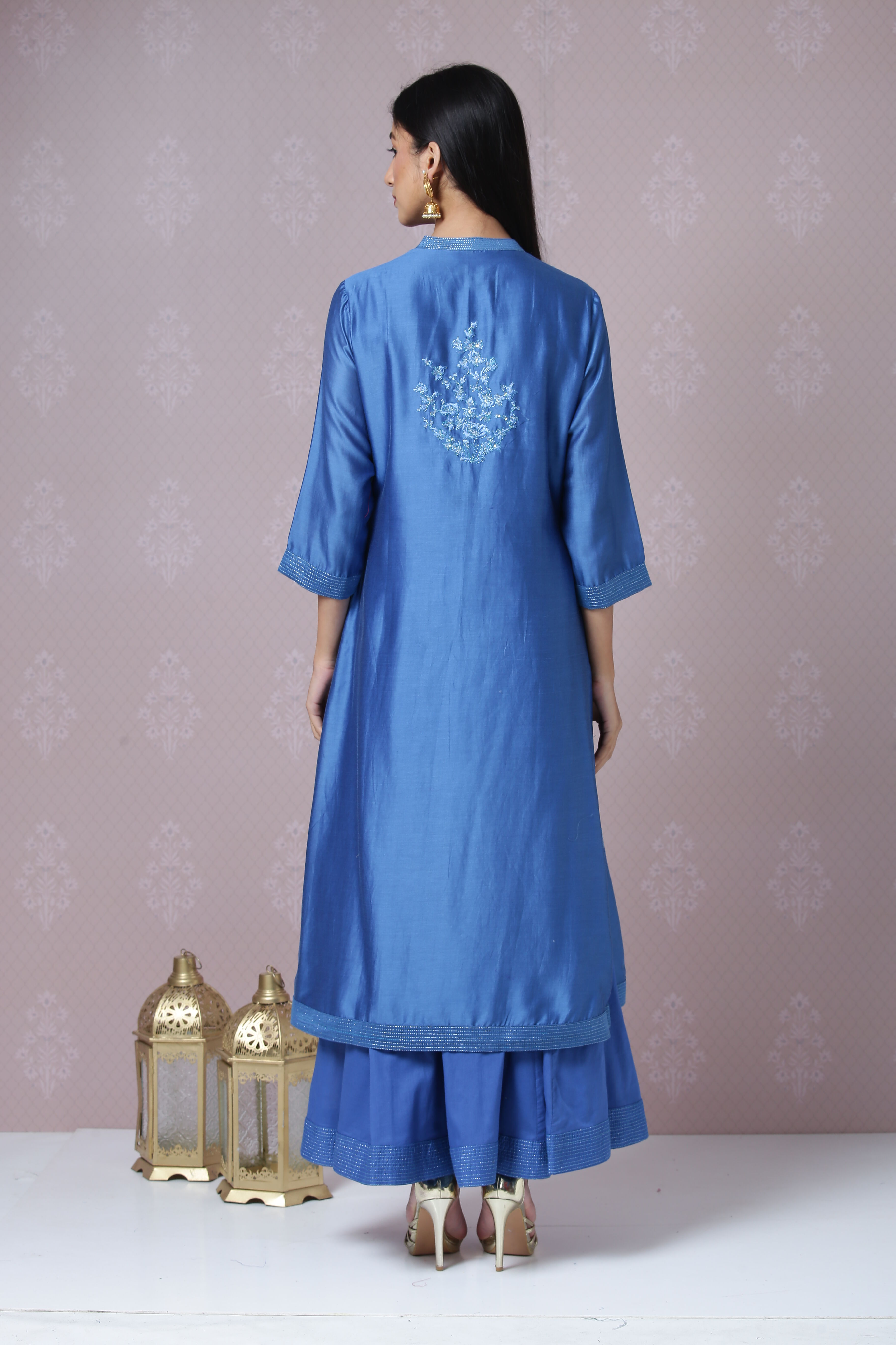 Blue Cotton Silk Front Open Kurta Skirt Suit Set image number 7