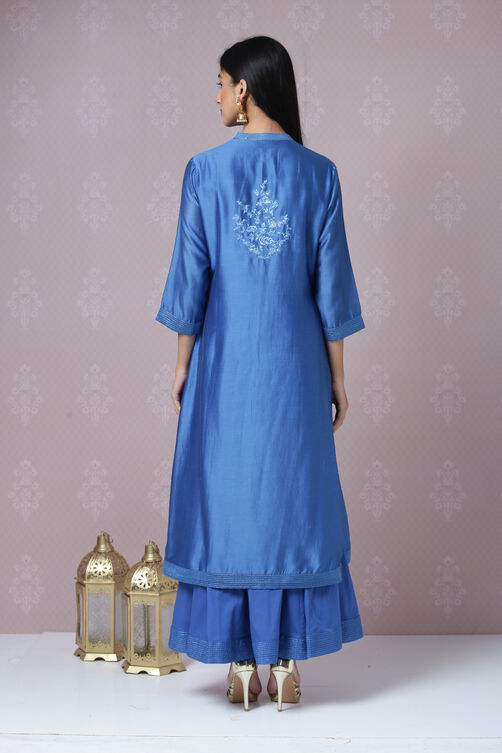 Blue Cotton Silk Front Open Kurta Skirt Suit Set image number 7