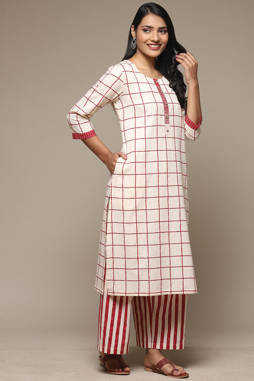 Natural & Blue Cotton Blend Straight Kurta Palazzo Suit Set image number 5