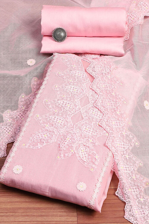 Pink Lace Design Unstitched Suit Set image number 0