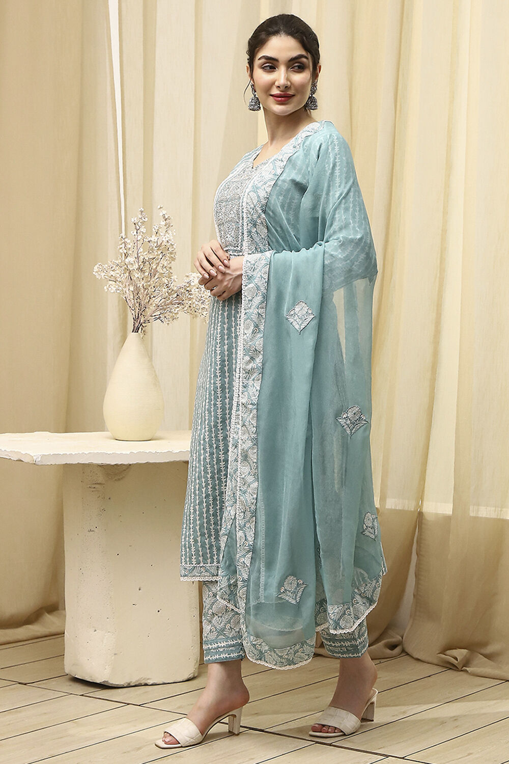 Grey Cotton Printed Unstitched Suit Set image number 4