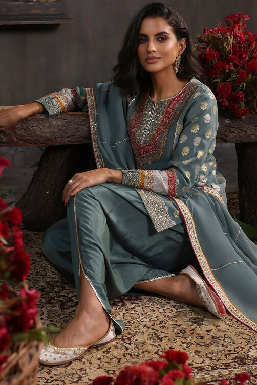 Earthy Blue Chanderi Jacquard Dori Embroidery Straight Suit Set image number 0