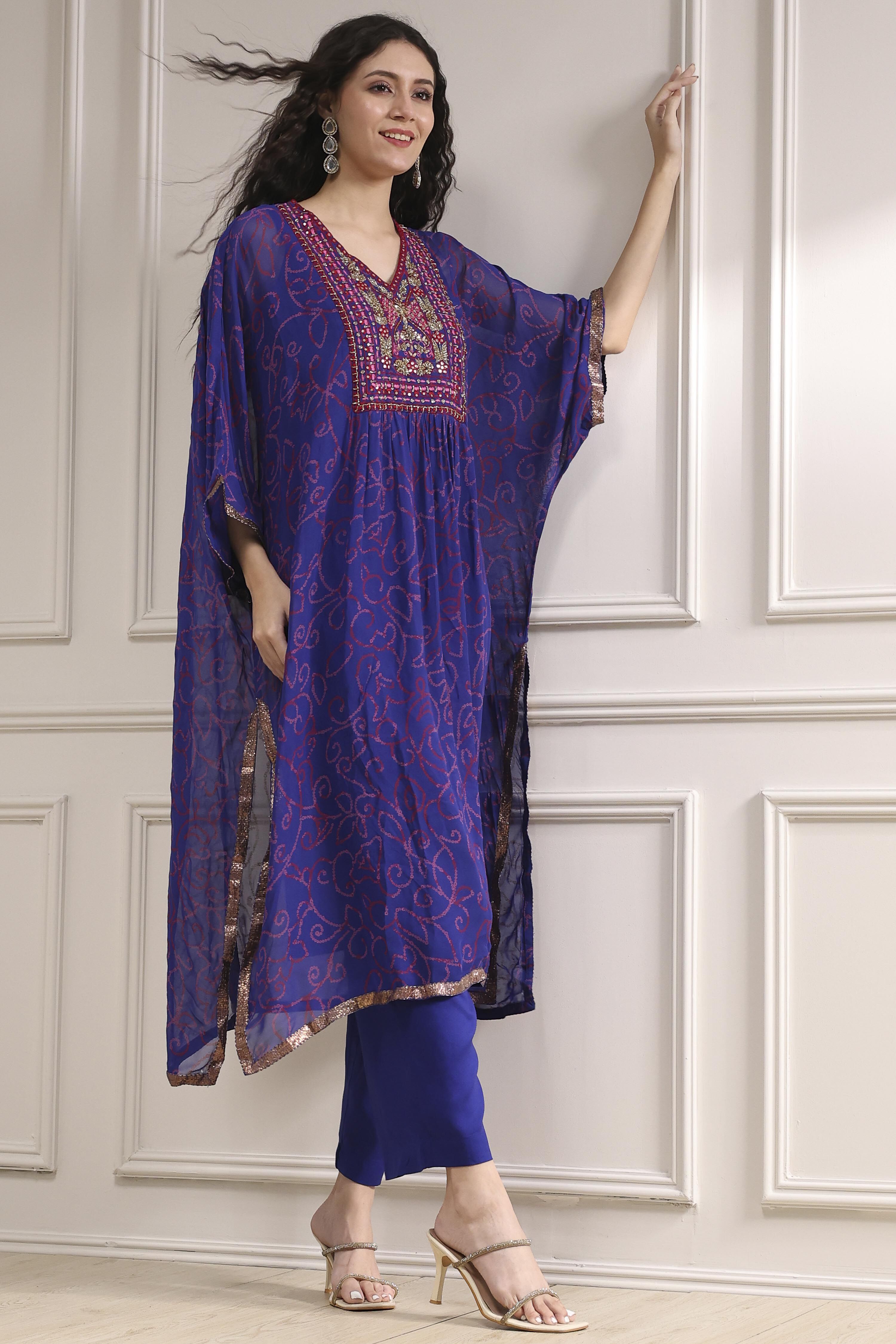 Purple Printed Kaftan Style Kurta Set image number 0