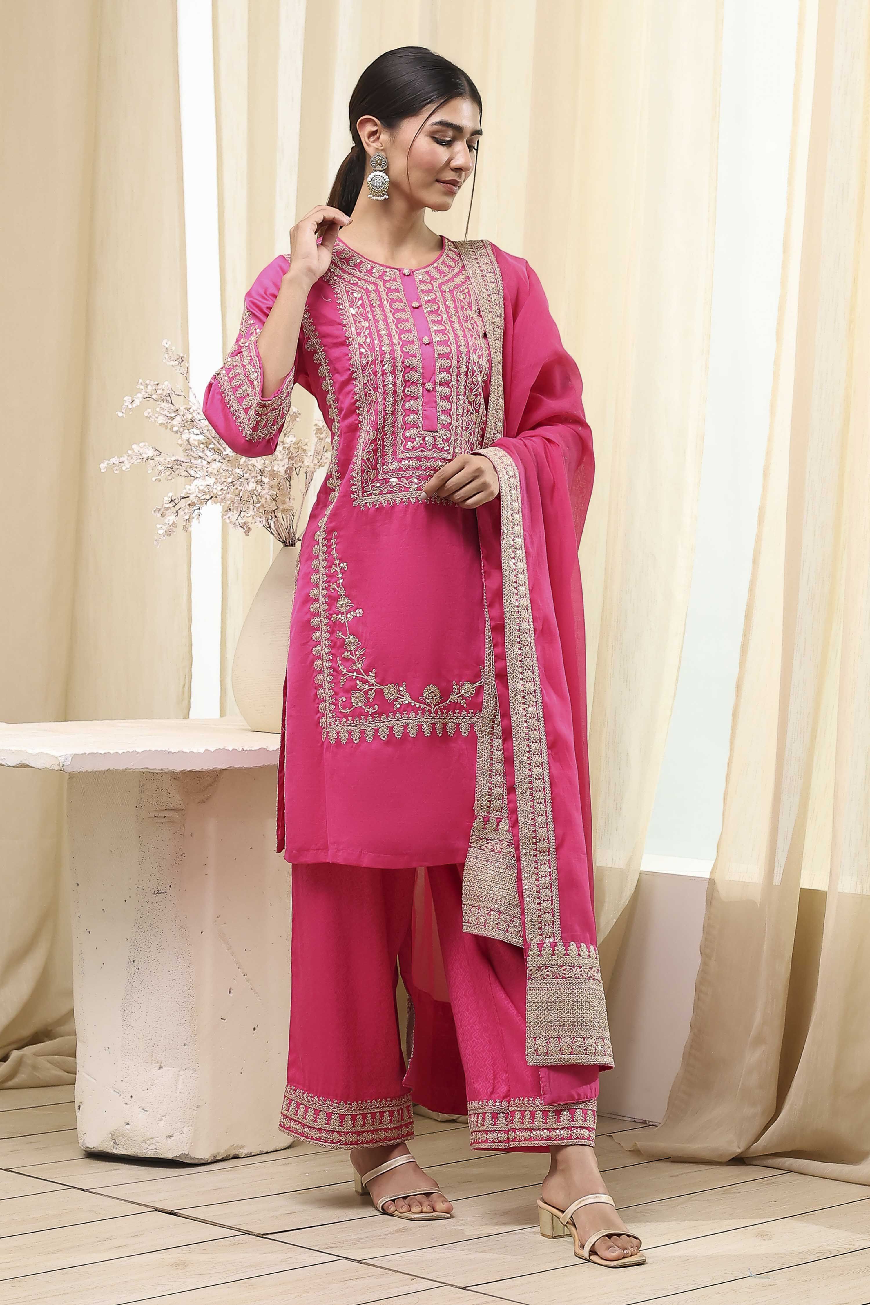 Fuchsia Cotton Silk Straight Suit Set image number 5
