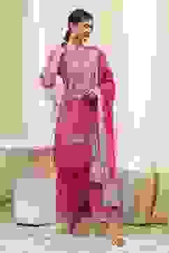 Fuchsia Cotton Silk Straight Suit Set image number 5