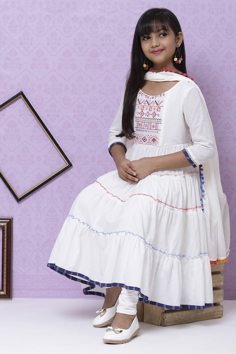 Buy Off White Cotton Girls Tiered Kurta Churidar Suit Set Kurta