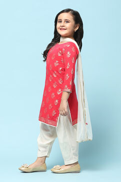 Red Cotton Straight Printed Kurta Patiala Salwar Suit Set image number 4