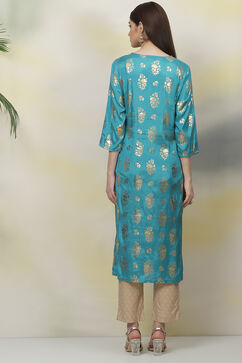 Teal Straight Viscose Kurta image number 5