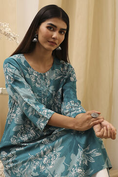 Teal Floral Printed Asymmetric Kurta image number 1