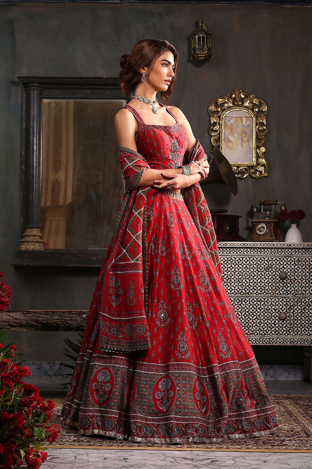 Red Chanderi Printed Fitted Lehenga Set image number 5