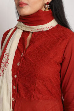 Red Cotton Asymmetric Kurta Churidar Suit Set image number 1