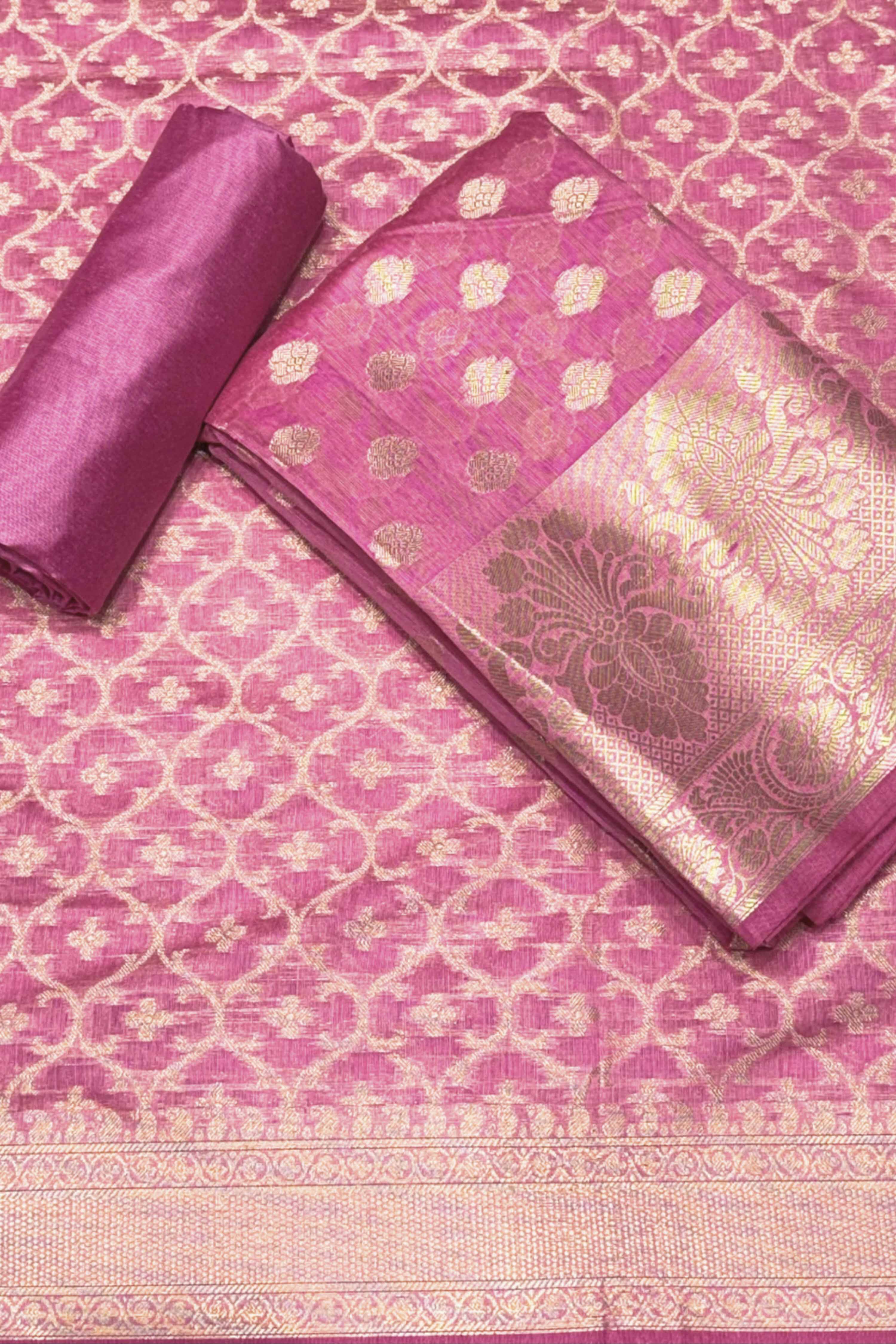 Red Chanderi Silk Printed Unstitched Suit Set image number 0