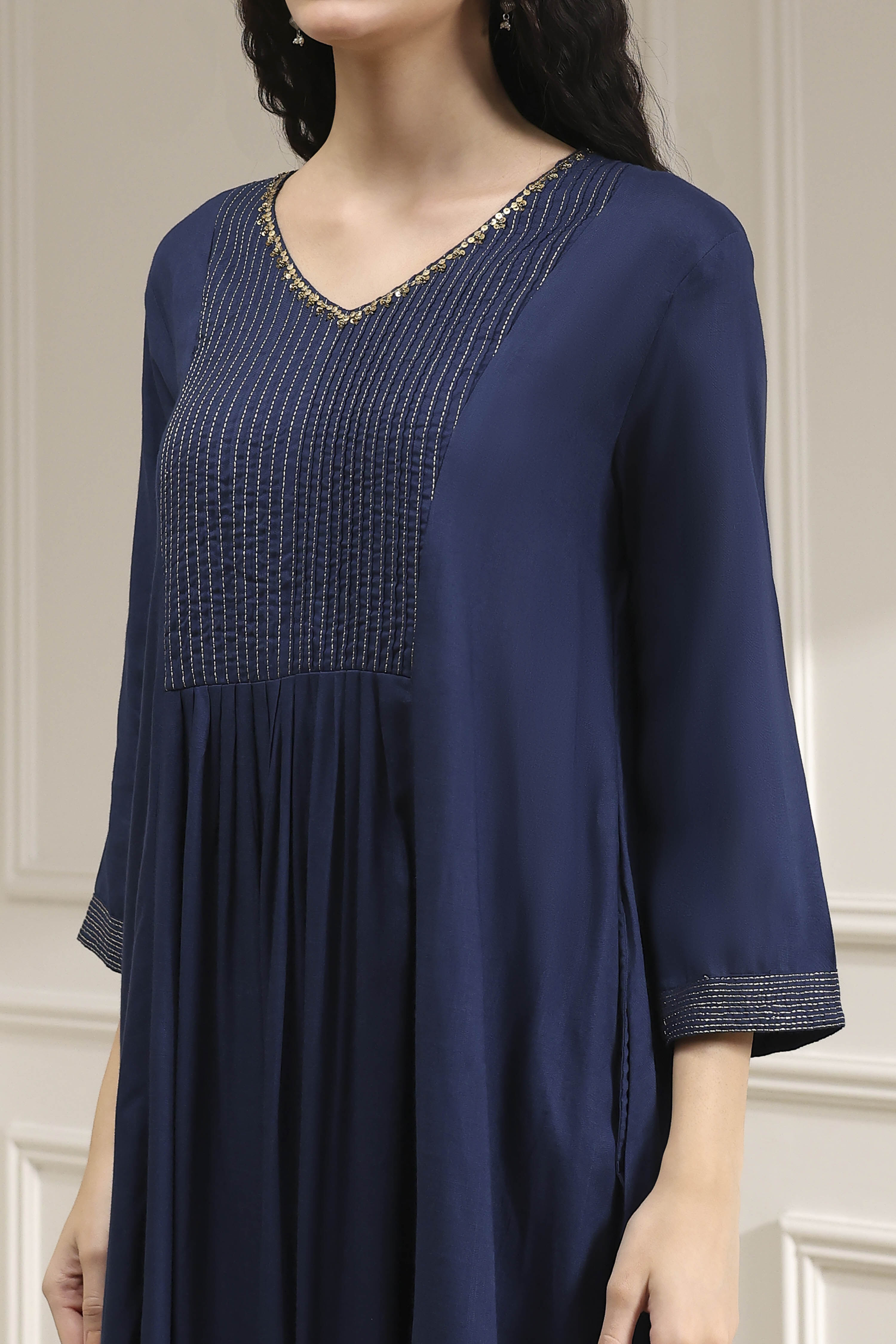 Blue Solid Gathered Suit Set image number 1