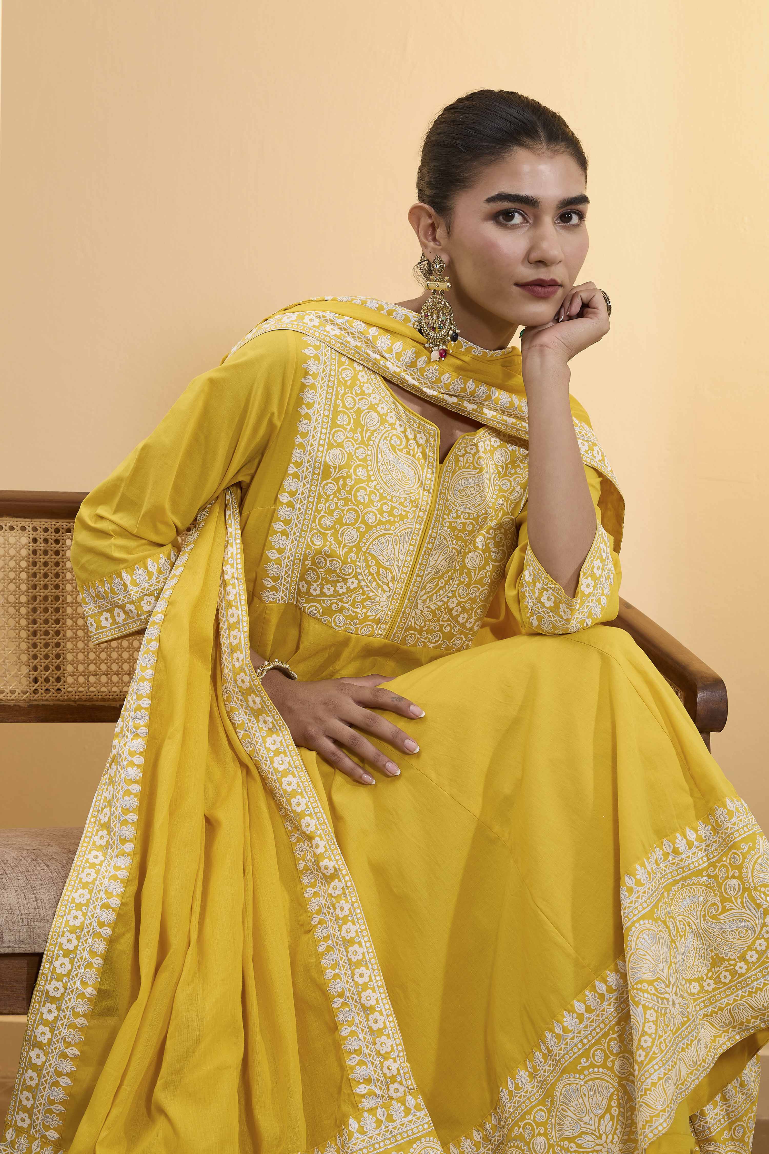 Yellow Cotton Embroidered Anarkali Kurta Set image number 1