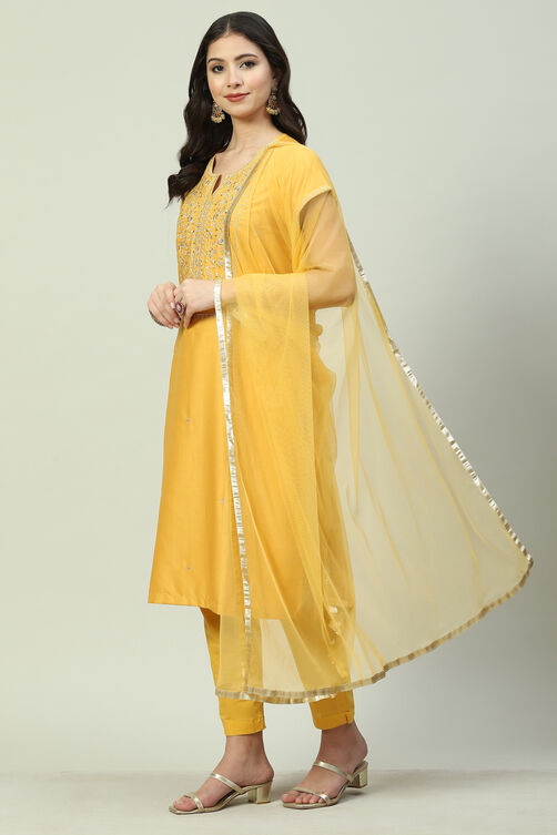 Mustard Art Silk Straight Kurta Slim Pant Suit Set image number 5