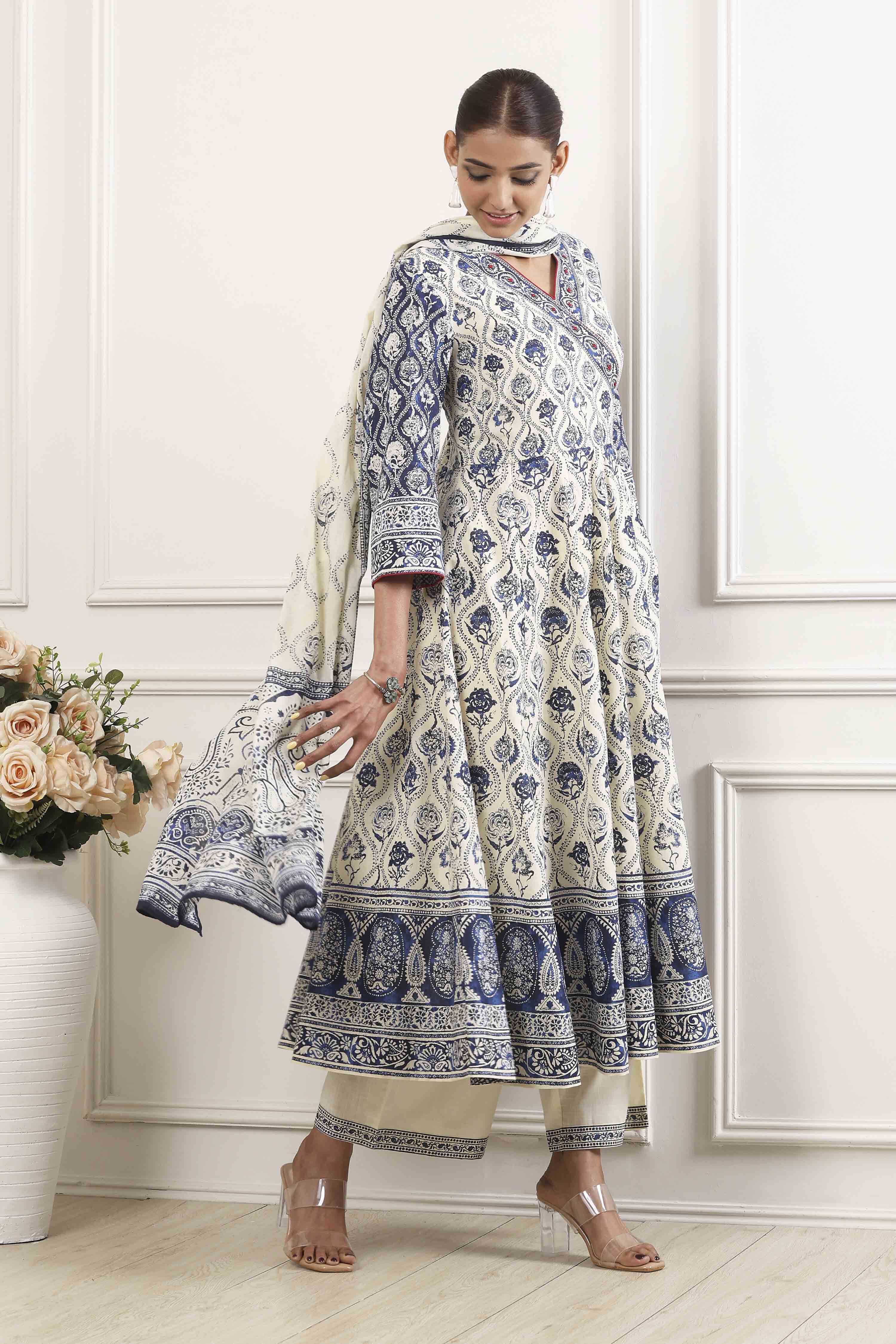 Indigo and Off-White Cotton Angrakha Anarkali Suit Set image number 5