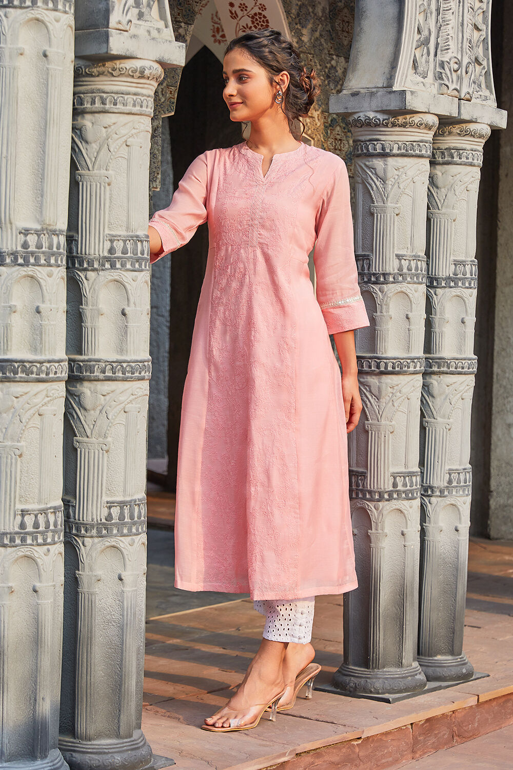 Rose Pink Yard-Dyed Threadwork A-Line Kurta image number 2