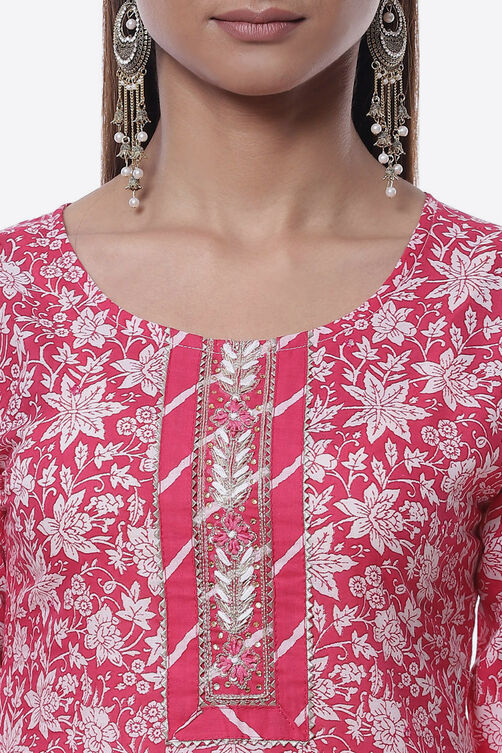 Pink Cotton Screen Print Unstitched Suit Set image number 1