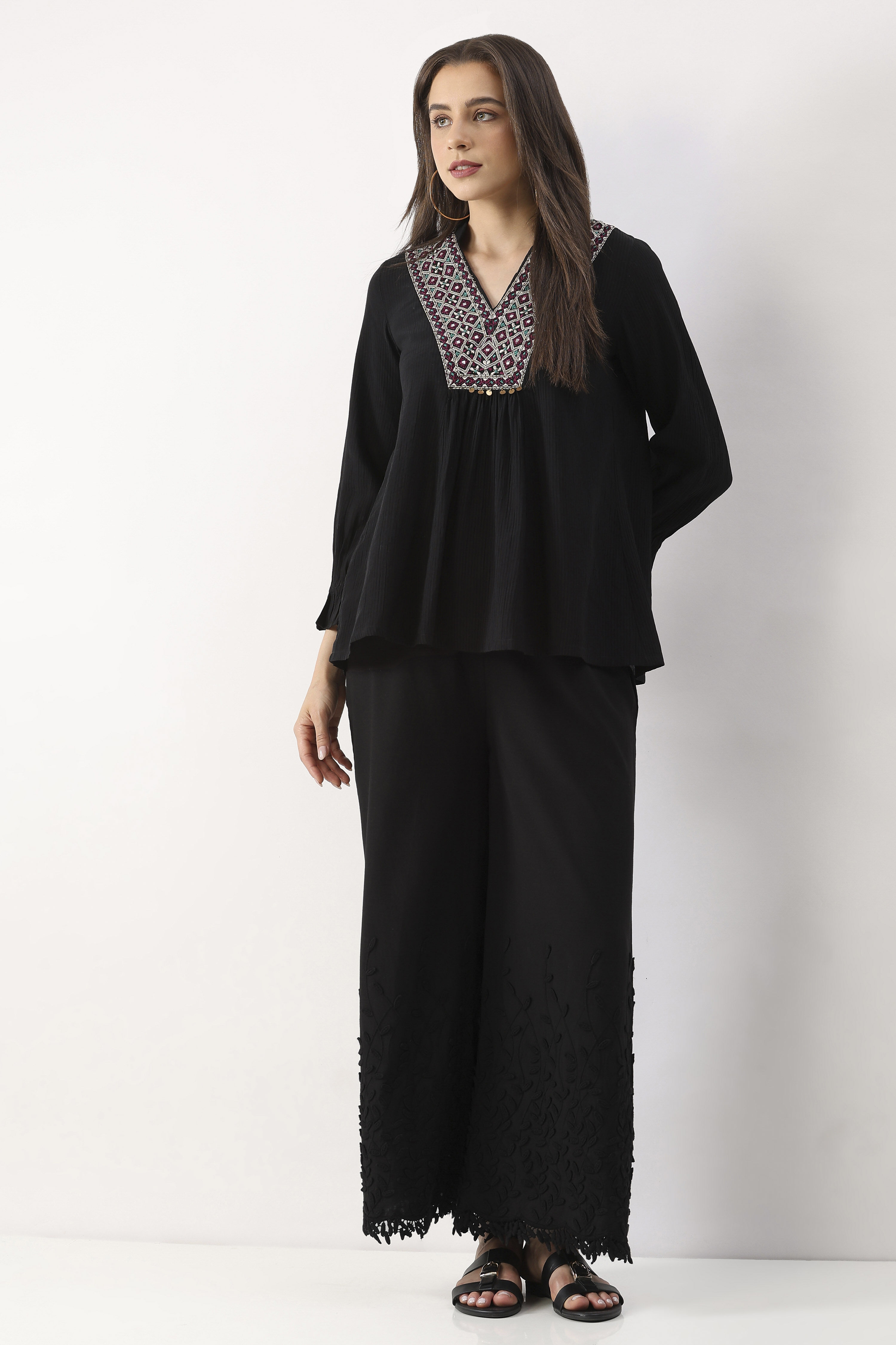 Black Cotton Flared Palazzo image number 0