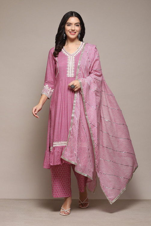 Pink Cotton Blend Straight Kurta Palazzo Suit Set