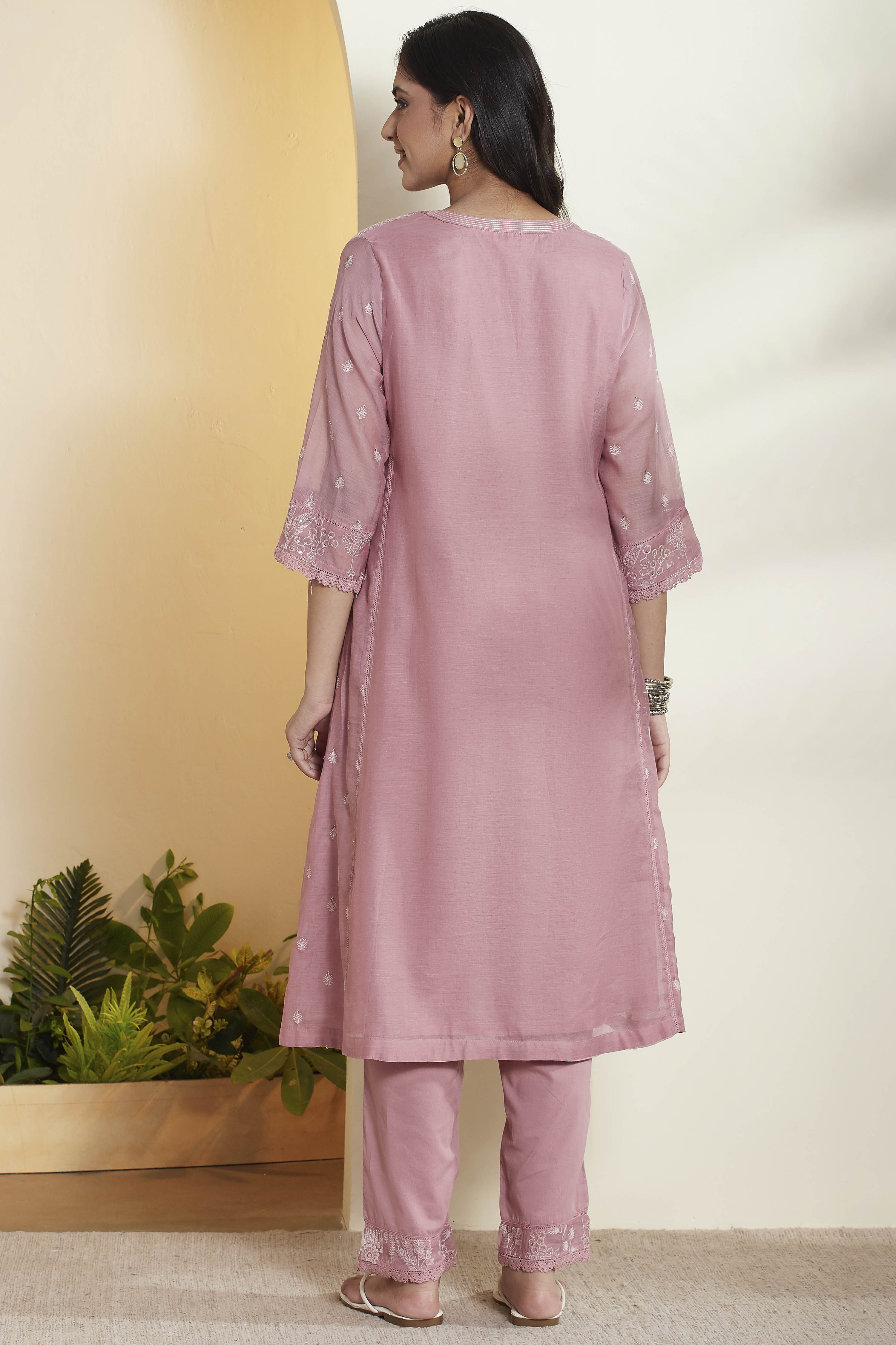 Old Rose Cotton Silk Embroidered A-Line Kurta Set image number 6