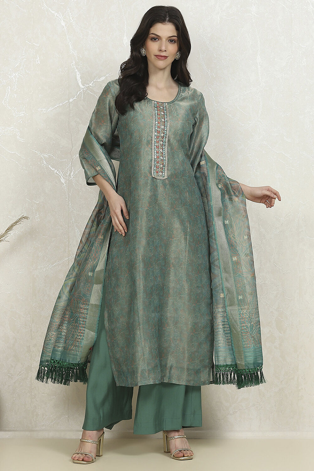 Orange Chanderi Unstitched Suit Set image number 1