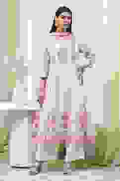 Off-White and Pink Cotton Floral Kalidar Suit Set image number 0