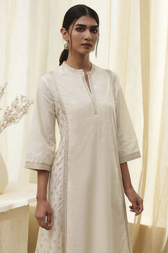 Cream-Colored Cotton Printed A-Line Kurta image number 1