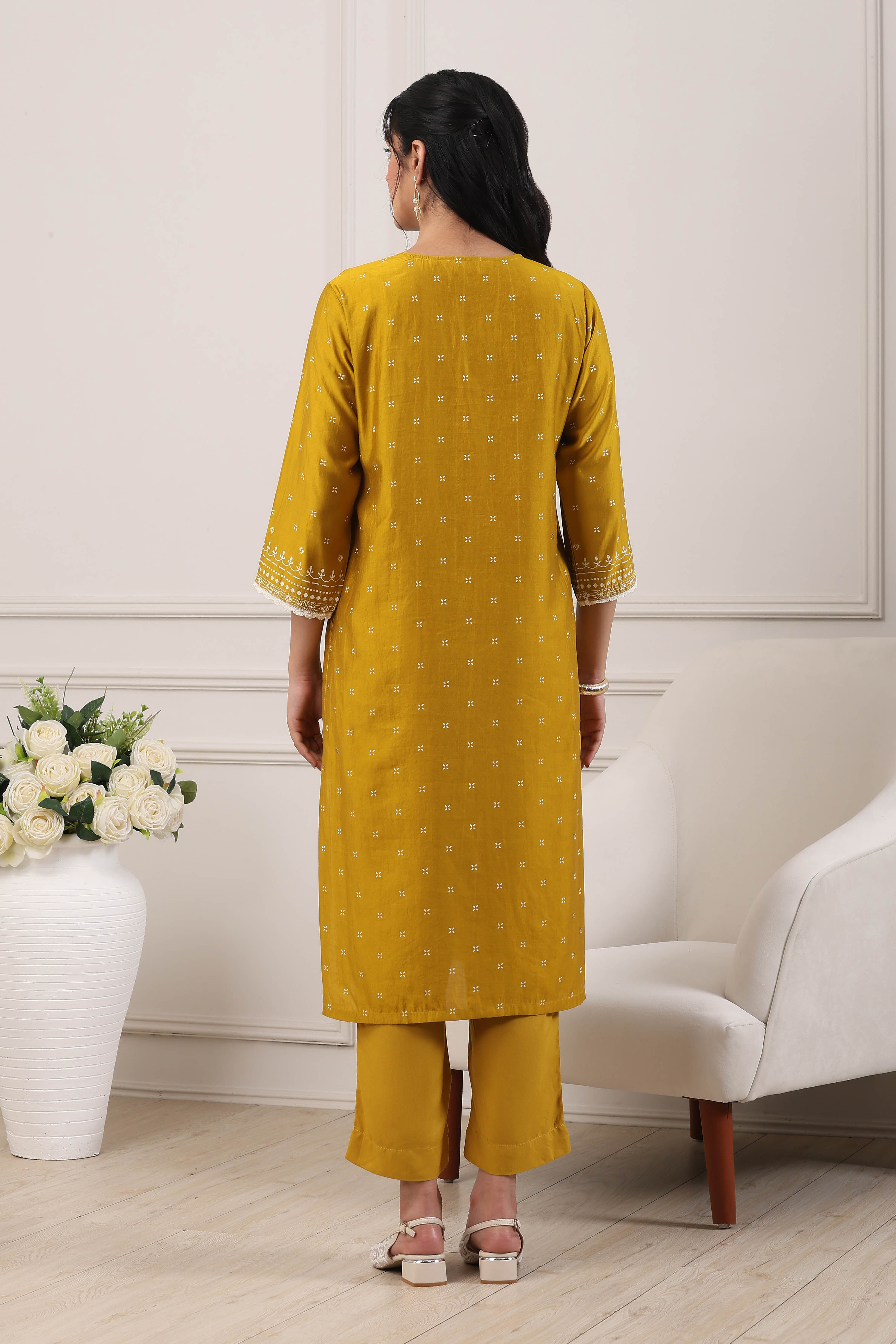 Mustard Yellow Ethnic Motifs Straight Suit Set image number 4