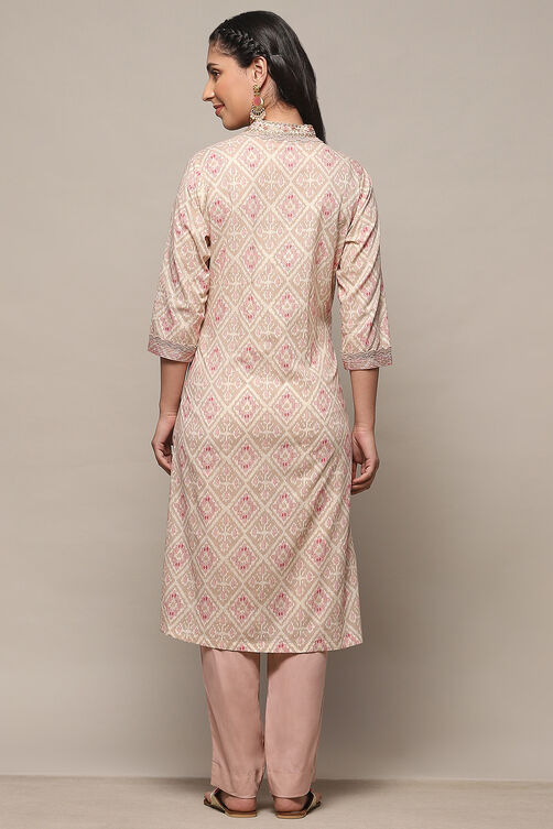 Pink Cotton Straight Kurta image number 3