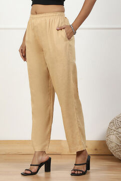 Beige Solid Mid-Rise Regular Pants image number 2