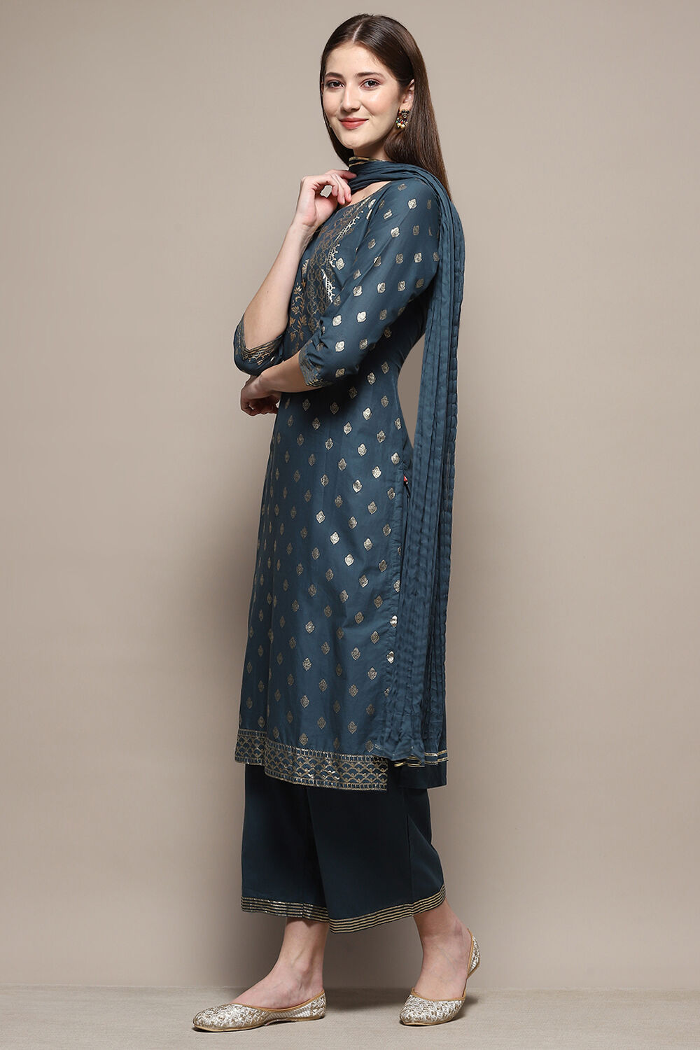 Blue Cotton Straight Kurta Palazzo Suit Set image number 4