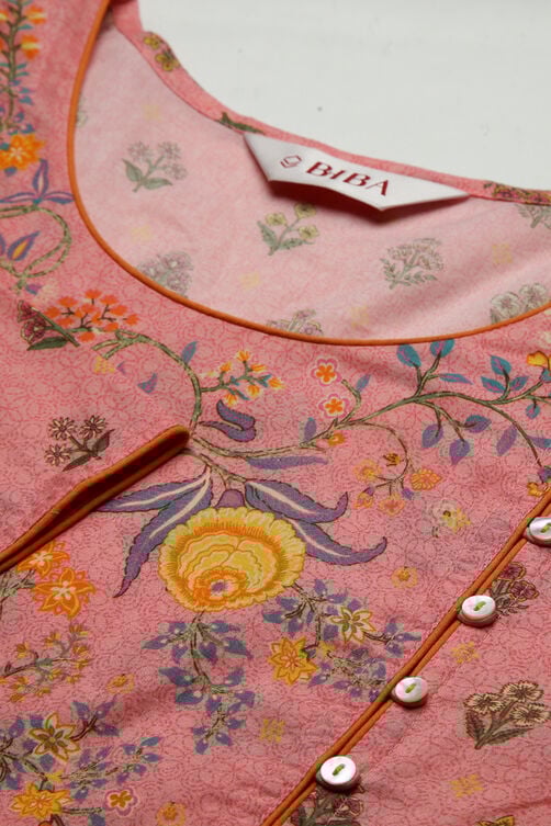 Pink Cotton High Slit Printed Kurta image number 1