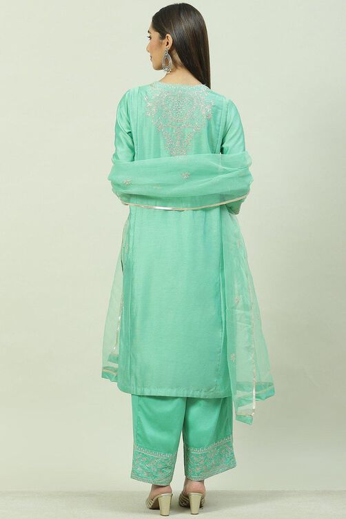 Sea Green Cotton Silk A-Line Kurta Palazzo Suit Set image number 4