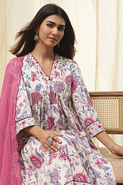 Off-White Cotton Floral Gathered Suit Set image number 9