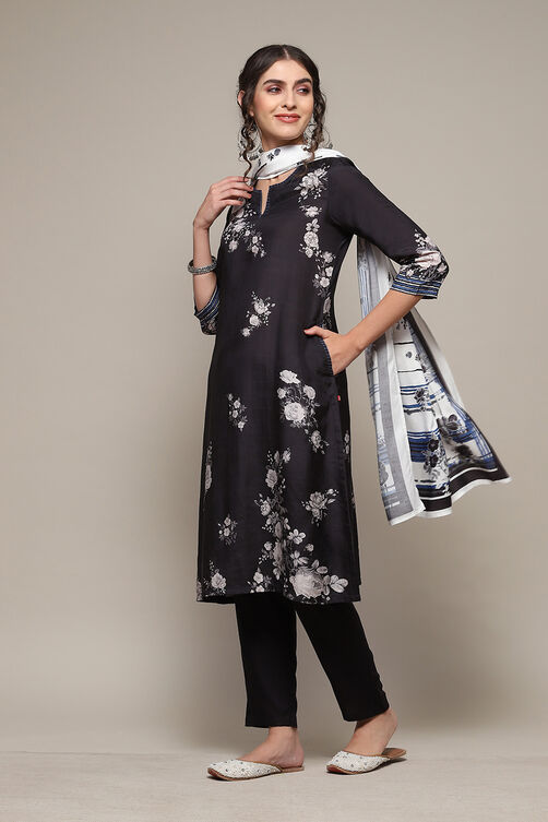 Black Cotton Blend Straight Printed Kurta Ankle Length Suit Set image number 5