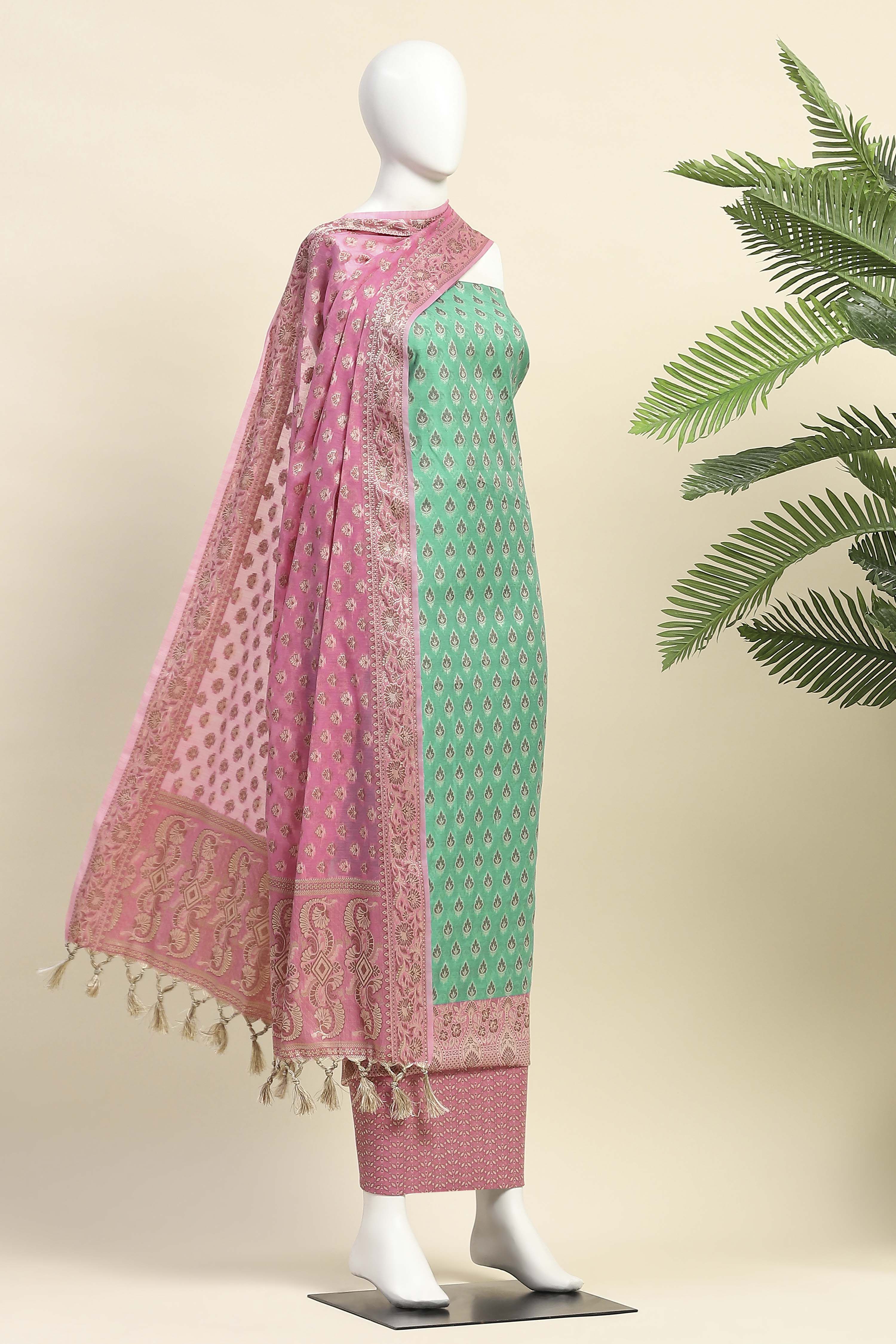 Mehendi Cotton Printed Embroidered Unstitched Suit Set image number 4