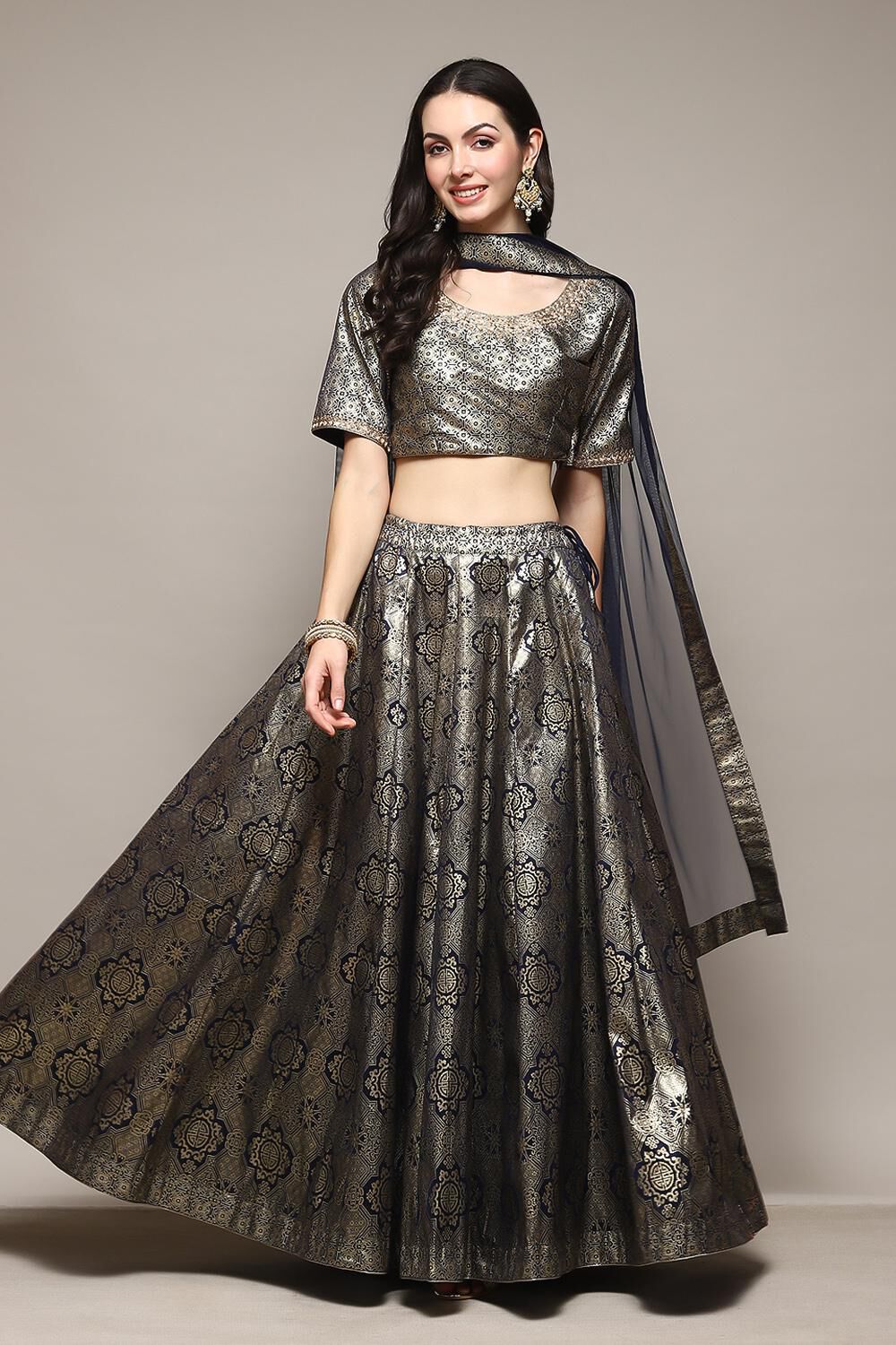 Navy Blue Foil Printed Lehenga Set image number 7