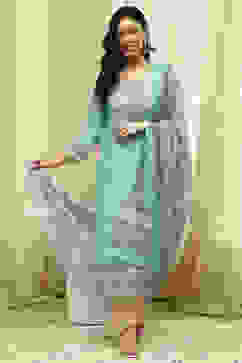 Teal Cotton Machine-Embroidered Unstitched Suit Set image number 1