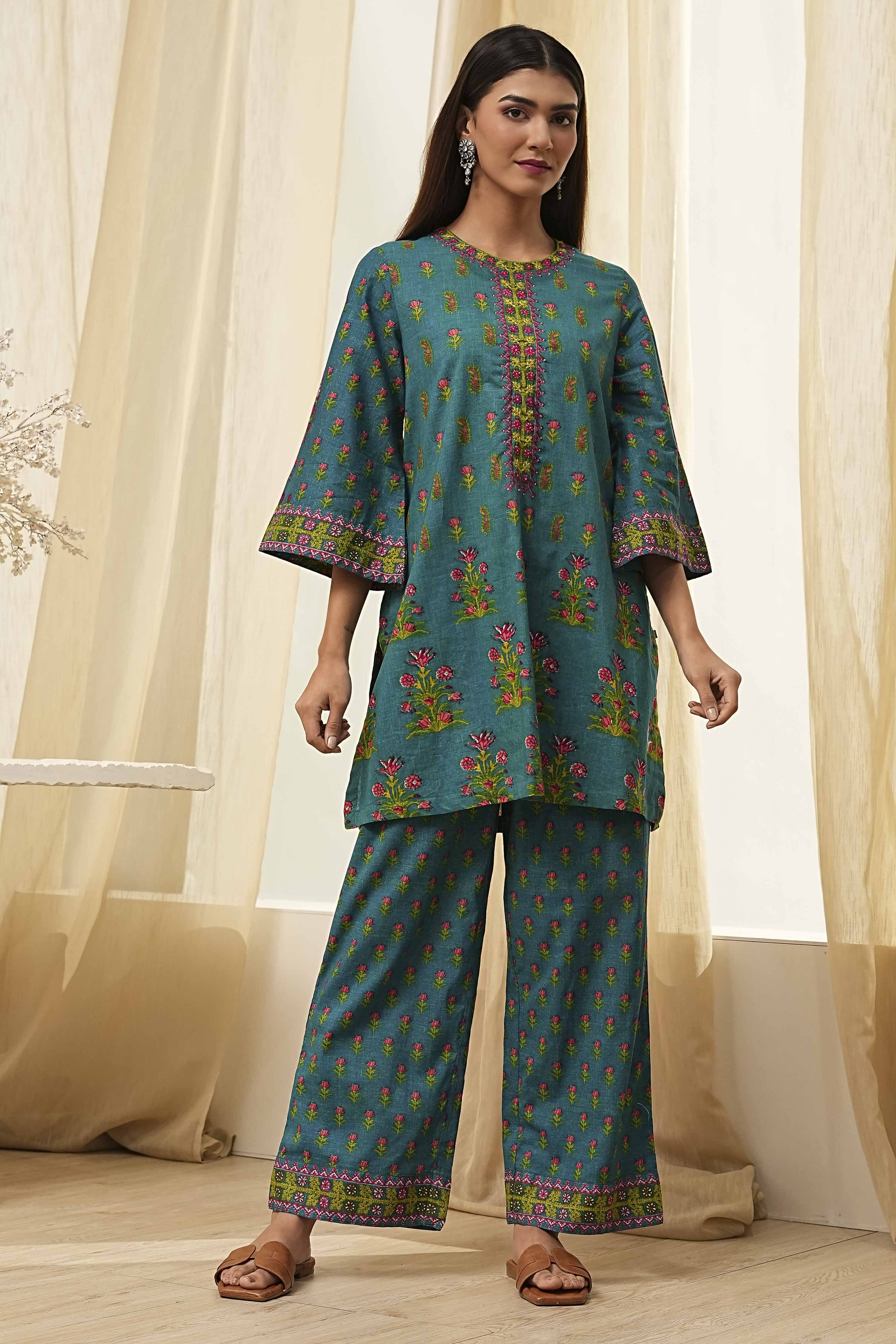 Teal Cotton Printed Straight Kurta Set image number 6