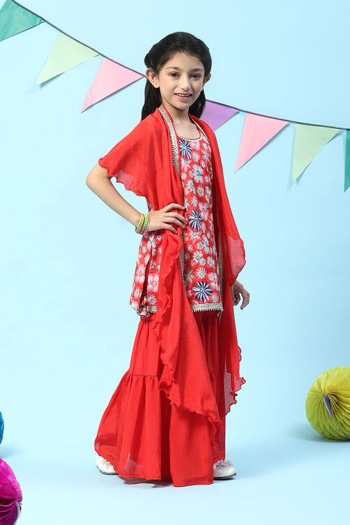 Red Polyester A-Line Printed Kurta Sharara Suit Set image number 5