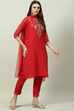 Red Art Silk Straight Kurta Slim Pant Suit Set image number 6