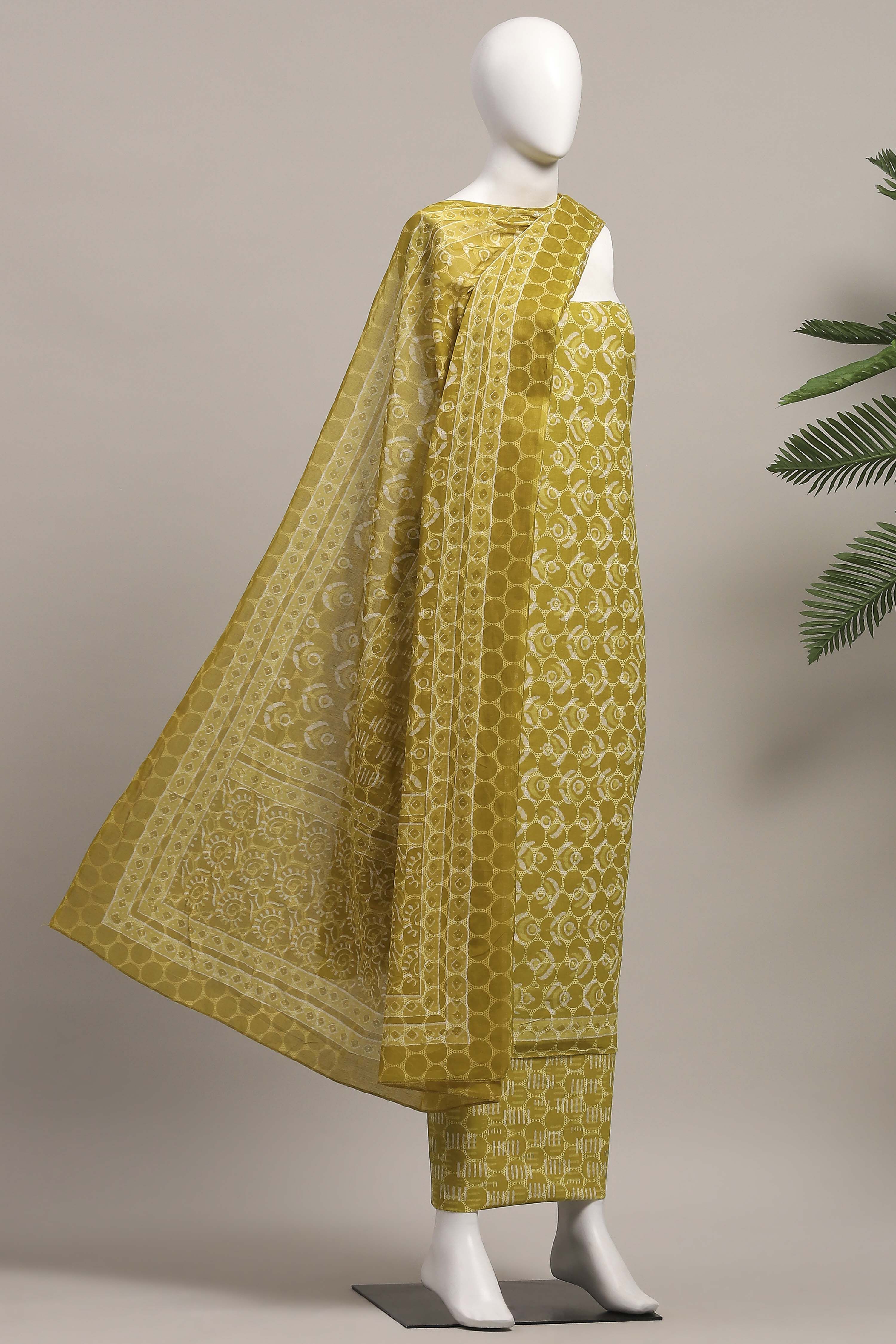 Lime Green Cotton Screen Print Unstitched Suit Set image number 4