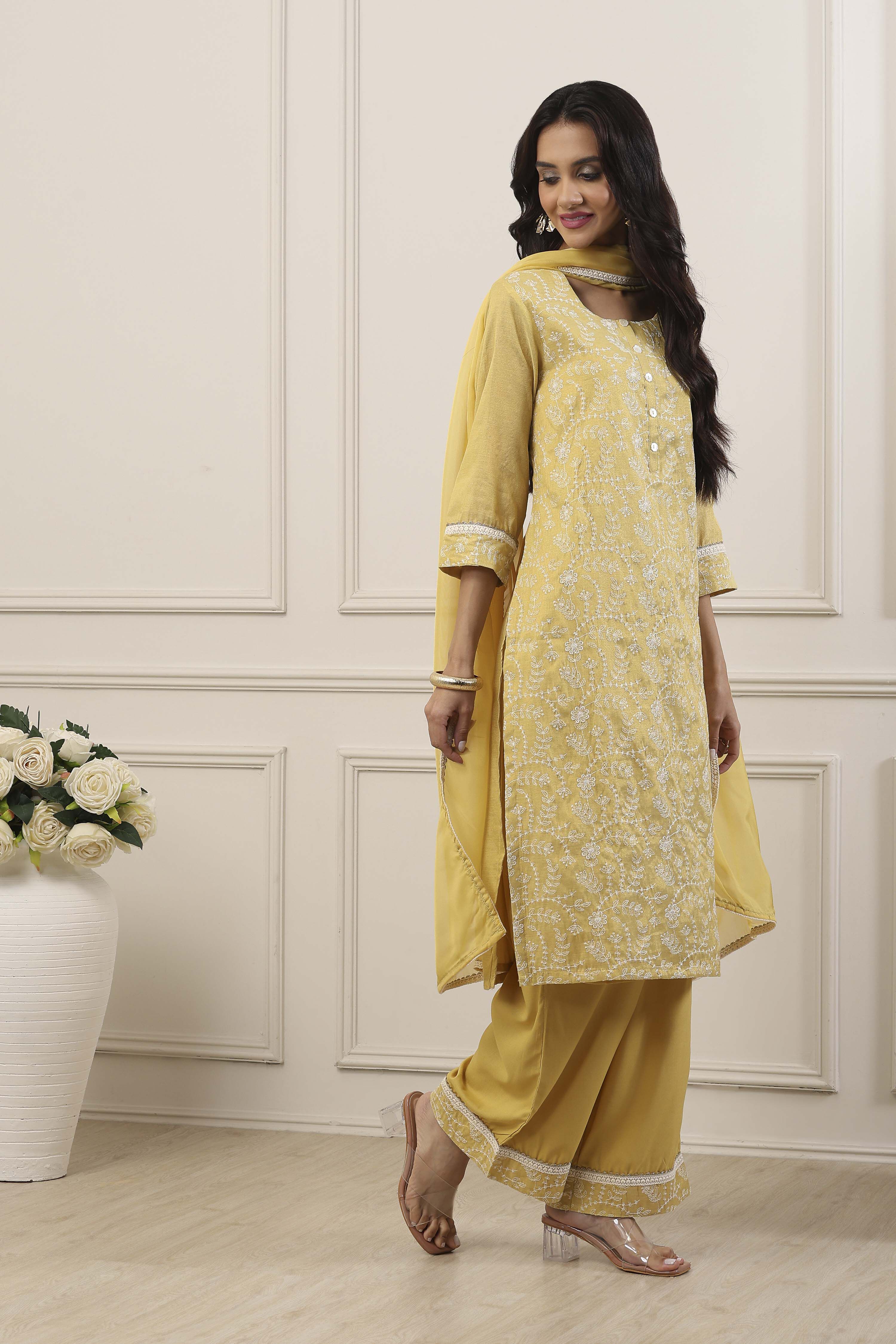 Yellow Zari Cotton Tissue Straight Suit Set image number 5