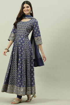 Navy Blue Cotton Anarkali Kurta Churidar Suit Set image number 6